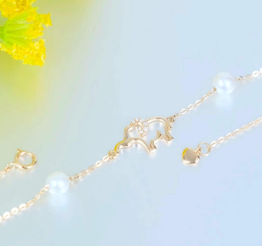 SISGEM 10k Gold Diamond Elephant Bracelet for Women, Real Gold Pearl Lucky Jewelry Bracelets Present for Her, 6.4"+1"+1" - Image 4