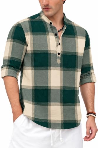 Buy DEELMO Men's Pure Cotton Short Kurta (Green, Regular Fit) - Image 2
