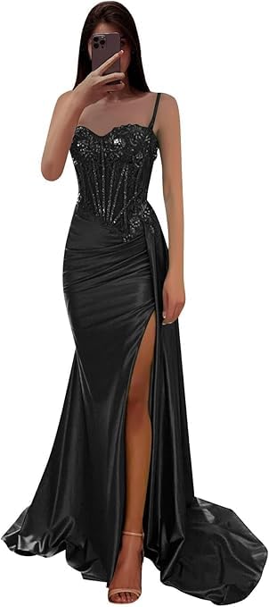 Satin-Ballkleider Meerjungfrauenkleider mit Spitzenapplikationen Korsettkleid mit Falten und Schlitz Schwarz M