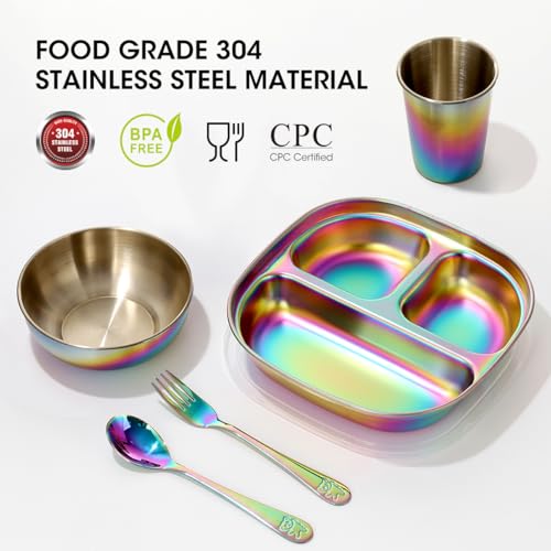 AIEVE Stainless Steel Kids Plates and Bowls, 5 Pcs Kids Dinnerware Set Includes Stainless Steel Toddler Plate with Lid, Utensils, Cup and Bowl