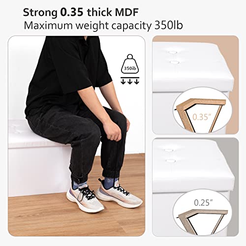 Dywmm Folding Leather Storage Ottoman - 30 Inches Long Shoes Bench Faux Leather Foot Rest Stool With Padded Seat Deep Storage Ottoman Bench For Living Room And Bedroom 30X15 X15 Inch White #TOP3