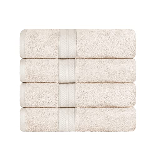 Superior Bath Towel Set, Rayon From Bamboo Cotton Blend, Ideal For Bathroom, Guest Bathroom, And Beach, Modern Style With Solid Dobby Border, Includes 4 Pieces; Bath Towels 30” X 54”, Ivory #TOP10