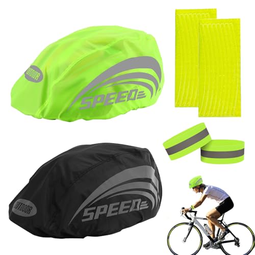 2 Stück Helmüberzug Fahrrad,Regenschutz Fahrradhelm,Wasserdicht Helm Regenschutz mit Fluoreszierendes Armband und Reflektierende Fahrradaufklebe für Alle Helme,Reflektierende Abdeckung für Fahrradhelm