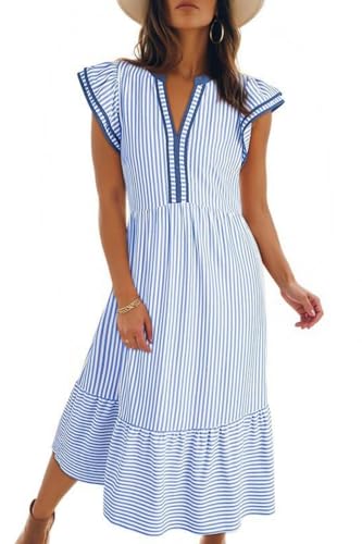 LEKOPUR Vestido maxi de verano para mujer, a rayas, cuello en V, mangas con volantes, bolsillos, vestido de ocio, vestido de playa, vestido de vacaciones para mujer, azul, XXL