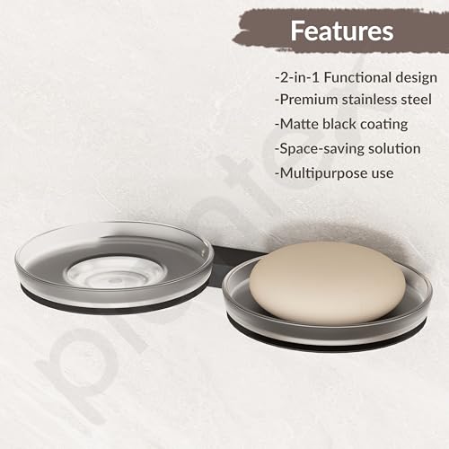 Image of Plantex Double Soap Dish /Stainless Steel Glass Dual Soap Holder /Case /Stand /Soap Bar for Kitchen /Bathroom Accessories - Pack of 1 (Black)