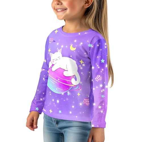 Image of Girls Cartoon Print Long Sleeve Graphic Tee Casual Crew Neck T-Shirts for 3-16 Years Little Girls