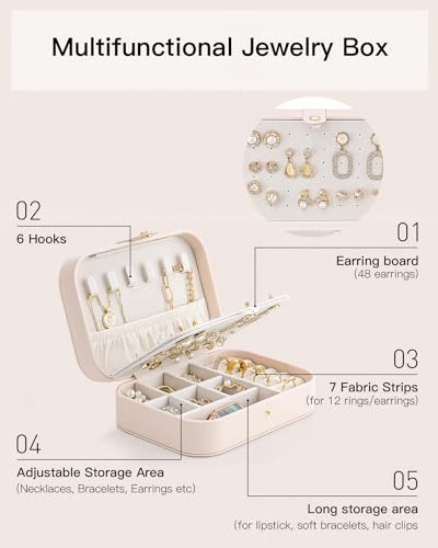 Vlando Travel Jewelry Case, PU Leather Travel Jewelry Box with Earring Holder, Portable Display Small Jewelry Box for Mothers Day Women Girls Gift - Pink