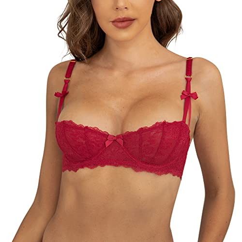 Women's Lace Unlined Balconette Demi-Cup Underwire Sheer Bra(D238-Red-36C)