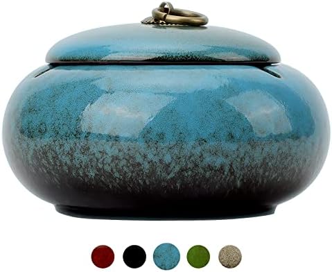 Large Size Color Glaze Cigarette Ashtray Windproof and Rainproof Outdoor Ceramic Ashtray Travel Portable Ash Tray with Metal Lifting Ring Lid Decorative Ashtray (Blue)