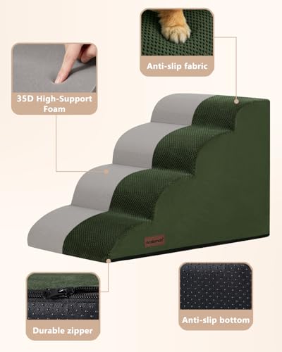 Image of Aodisman Dog Steps for Bed or Couch,4 Step Pet Stairs for Small Dogs & Cat | Curved dog ramp help small dogs, senior cats and puppies get on and off couches and beds, non-slip bottom, 17.4 inch H,Green