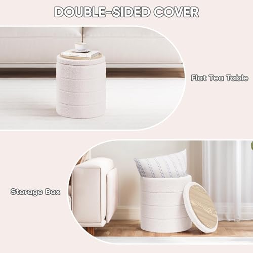 PINPLUS Round Storage Ottoman Foot Rest Stool with Tray Velvet Sherpa Folding Storage Ottoman,Boucle Foot Rest for Living Room, Bedroom, Dorm（Cream White） by PINPLUS - Used condition - Image 5