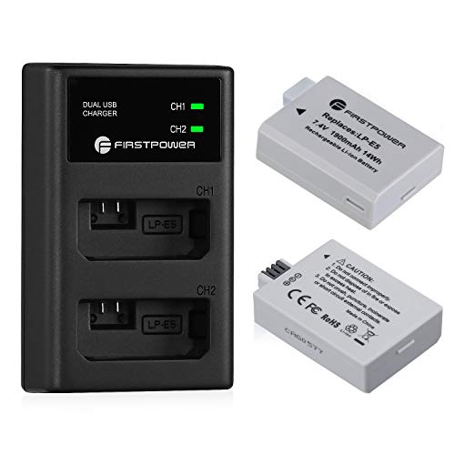 FirstPower LP-E5 Batteries (2 Pack, 1900mAh) and Dual USB Charger for Canon EOS Rebel XS, Rebel T1i, Rebel XSi, 1000D, 500D, 450D, Kiss X3, Kiss X2, Kiss F