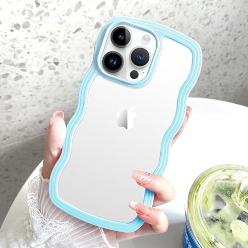 Image of MIDOS Back Cover Compatible with iPhone 14 Pro Max, Cute Curly Wave Frame Clear Case for Girls Women, Transparent Soft Silicone TPU Bumper Shockproof Protective Cover for iPhone 14 Pro Max (Blue)