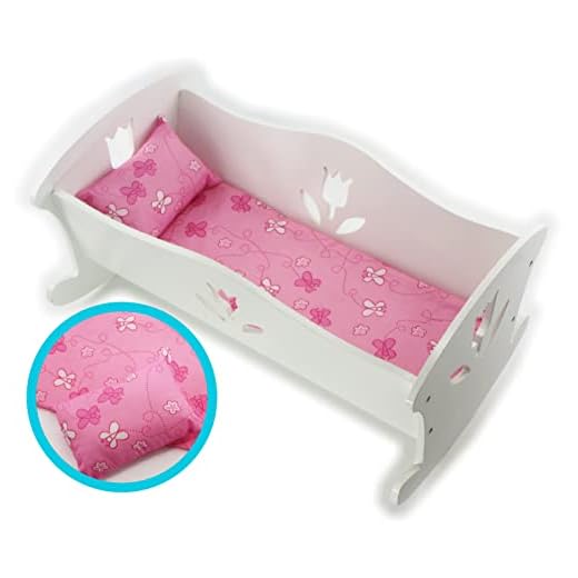 Matty's Toy Stop 18 Inch Doll Furniture Wooden Doll Rocking Cradle (Crib) with Pink Pillow & Cushion - (18" White Floral) Fits American Girl Dolls