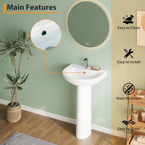 20" Bathroom Pedestal Sink - White Ceramic Vanity Sink with Overflow, Single Hole Faucet Pre-Drilled, Freestanding Restroom Sink Combo for Small Spaces