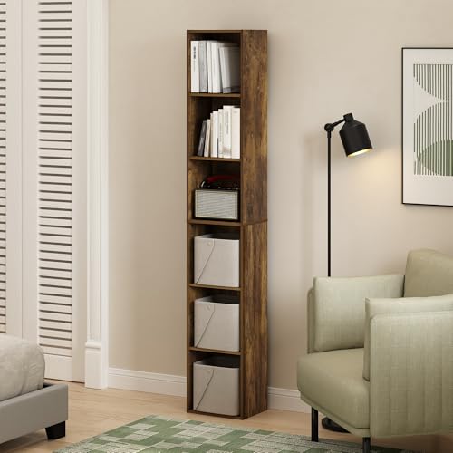 Image of Furinno LUDER Book Shelf, 6-Tier Tall Modern Bookshelf, Bookcase with Open Shelves, 9.3 x 12 x 71, for Living Room, Bedroom, Home Office, Amber Pine