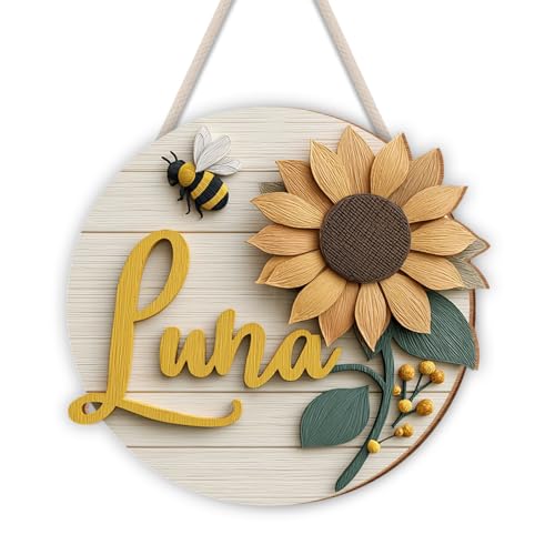 Custom Sunflower Kids Room Name Sign – Wooden Wall Art
