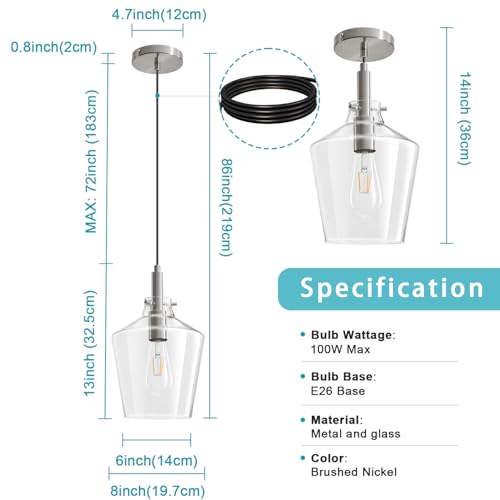 Image of Glass Pendant Lighting for Kitchen Island Foyer 1 Pack Nickel Clear 8 Inch