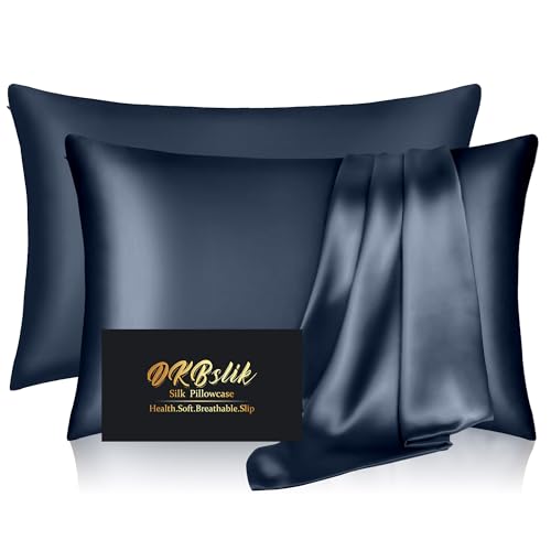 Image of Silk Pillow Cases 2 Pack, Mulberry Silk Pillowcases Standard Set of 2, Smooth, Anti Acne, Both Sides Natural Silk Satin Pillow Cases for Sleeping Women 2 Pack with Zipper, Mood Indigo
