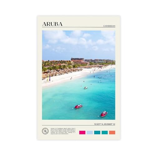 Aruba Tropical Beach Palm Trees Thatched Umbrellas Caribbean Art Poster