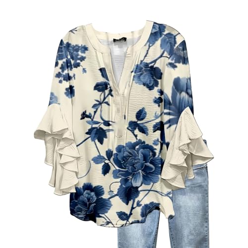 Blouses for Women UK V Neck Vintage Floral Print Ruffle 3/4 Sleeve Shirt Casual Loose Ladies Tops(Beige, XXL)