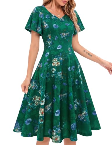Image of HomRain Wedding Guest Dresses for Women Vintage Short Sleeves Casual Fit and Flare Cocktail Formal Dress for Tea Party