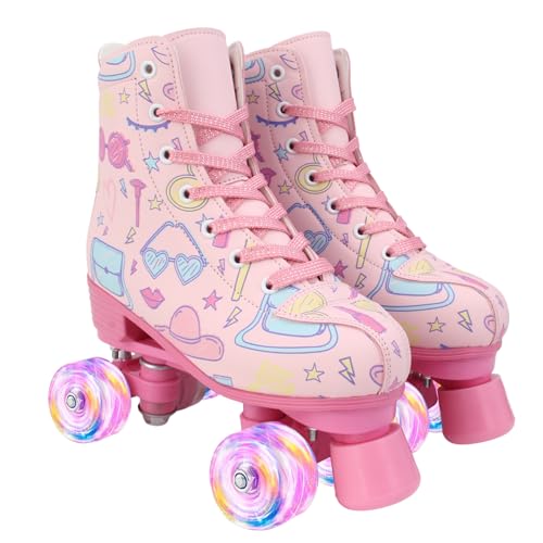 Pink Roller Skates with Flashing Wheels - Adjustable Size, Triple Safety Protection, and Comfortable Design for Girls