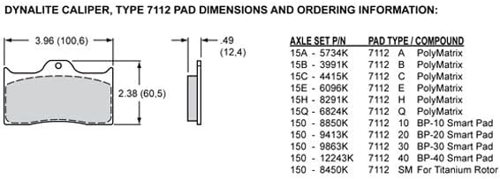 Wilwood Dynalite Caliper Type 7112 Pad Dimensions and Ordering Information
