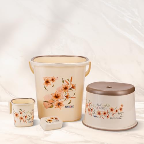 Nayasa Plastic Square DLX 4 Pcs Bathroom Set | Bucket 18 L + Mug 1.5 L + 508 DLX Stool + Soap Case | Bathroom Set | Bath Set for Bathroom | Cream