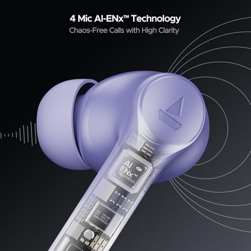 Image of Boat Airdopes 300, Cinematic Spatial Audio, 50H Battery, 4Mic AI ENx, Fast Charge, App Support, Low Latency, IPX4, v5.3 Bluetooth Earbuds, TWS in Ear Earbuds Wireless Earphones with mic (Purple Haze)