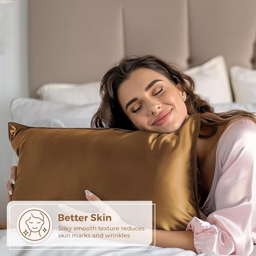 Image of Satin Pillow Covers Set of 2 with 3 Free Random Color Hair Scrunchies - Anti-Frizz, Skin-Friendly, Soft & Durable Pillowcase Set for All Hair Types (Chocolate)