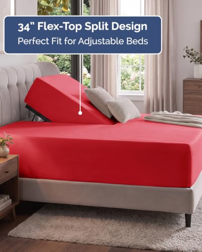 Image of Extra Deep Flex Top Split Head King Fitted Sheet - Hotel Luxury Single Fitted Sheet Only - Easily Fits 18 inch to 24 inch Mattress - Ultra Soft, Wrinkle Free w /Extra Deep Pockets - Red