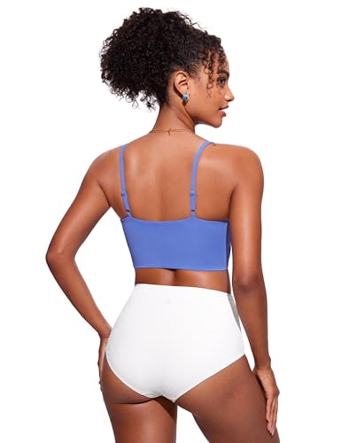 Image of CRZ YOGA V Shaped Longline Bikini Tops for Women - Padded Cropped Adjustable Spaghetti Straps Swimsuit Athletic Bathing Suit Wild Indigo Small