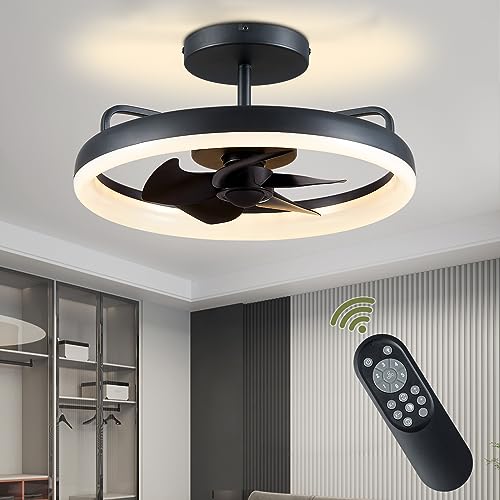 Kayleik Black Ceiling Fan with Light - 20" Low Profile Flush Mount Ceiling Fans with Remote, 3 Colors Dimmable LED 6 Speeds 5 Reversible Blades Enclosed Caged Modern Led Fan Ligh for Living Room Bedro