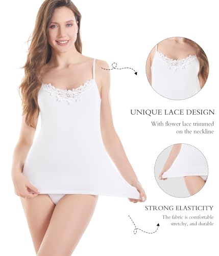Image of Womens Tank Top Camisoles with Premium Cotton Italian Design - Trimmed with Flower Lace on Neckline
