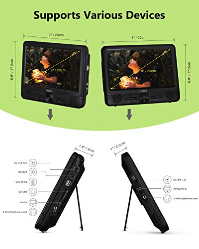 UEME 9.5 Dual Screen Portable DVD Player, Car DVD Player, 800x1024 HD LCD Screen, USB/SD/MMC Card Readers, Built-in 5 Hours Rechargeable Battery, Stereo Sound, Regions Free, AV Out & in