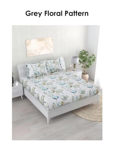 Image of 380 TC Premium Glace Cotton Elastic Fitted Bedsheet King Size with 2 Pillow Covers King Size | Double Bed with All Around Elastic (White Floral Print, Fitted - 72 inchx78 inch King)