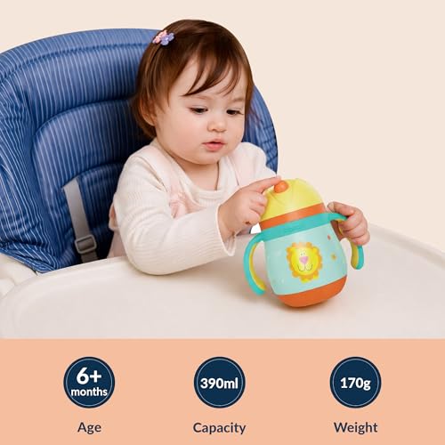 Image of rabitat Gravity EasyFlow Stainless Steel Sippy Cup 390ml | 2 Years Brand Warranty | Leak Proof | BPA Free Soft Silicone Straw | Sippy Cup for Kids with Weighted Straw | Sunny Roar