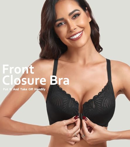 Image of HACI Women's Front Closure Bra Underwire Unpadded T-Back Plus Size Lacy Full Coverage Racerback T-Shirt Unlined