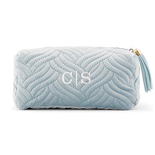 WEDDINGSTAR Small Personalized Velvet Quilted Makeup Bag For Women - Spa Blue