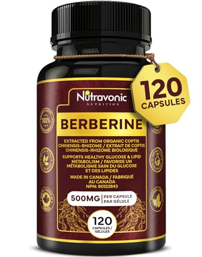 New Nutravonic Berberine 1000mg per Serving from Organic Sources (120 Caps, 500mg per Capsule). Berberine From Organic Coptis Chinensis Rhizome (Natural Source). Supports Blood Sugar Levels through Healthy Glucose (Sugar) and Lipid (Fat) Metabolism. Non-GMO, Vegan, Gluten Free. 120 Easy to Swallow Capsules.