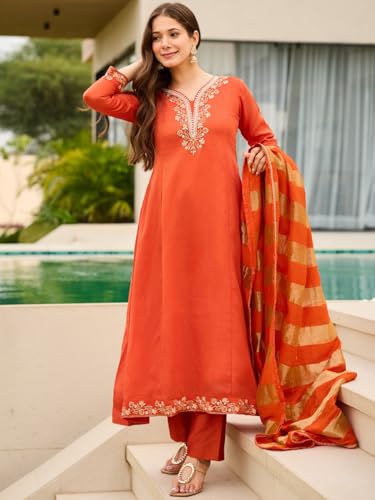 Image of Naixa Women's Vichitra Silk Embroidered Straight Kurta with Pant And Dupatta Sets (NX-823)