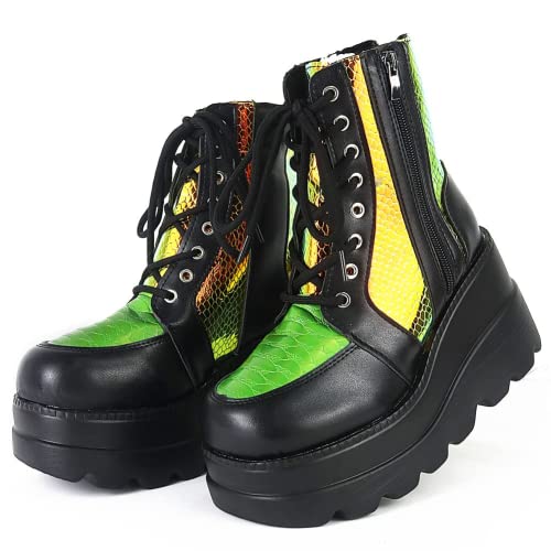 UOQAPRE Women's High Heel Combat Boots Square Toe Lace Up Ankle Booties Fashion Wedge Chunky Platform Boots Zipper Bootie Shoes