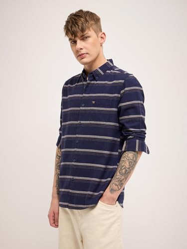 Image of THE BEAR HOUSE Men Spread Collar Vertical Striped Cotton Slim Fit Casual Shirt