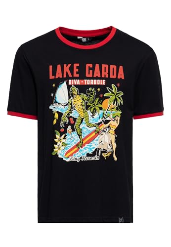 King Kerosin Herren T-Shirt Ringer Lake Garda Gardasee Comic Artwork Monster Vintage Italy Lake Garda