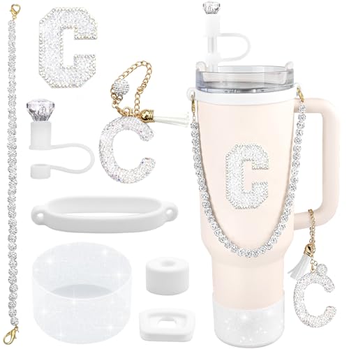 Hpebl 8PCS White for Stanley Cup Accessories 30/40 OZ Silver Bling Rhinestones Initials Charms for Stanley Decorations Tumbler Accessories Set Including Diamond Straw Topper,Spill Stopper(Letter R) - image 1