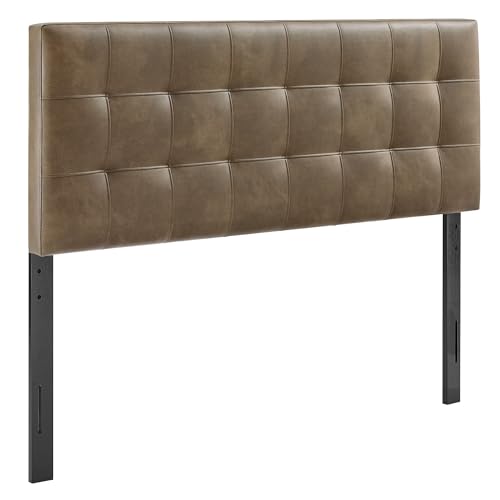 Image of Modway Lily Vegan Leather Full Size Headboard with Biscuit Tufting in Mushroom - Vegan Leather Upholstery with Padded Design and 5 Height-Adjustable Mounts