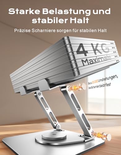 360° Drehbarer Laptop Ständer Höhenverstellbar, Ergonomisch Laptop Halterung Schreibtisch Robuster mit Zweifachstütze, Verstellbarer Notebook Ständer kompatibel mit MacBook Air Pro, bis 16 Zoll