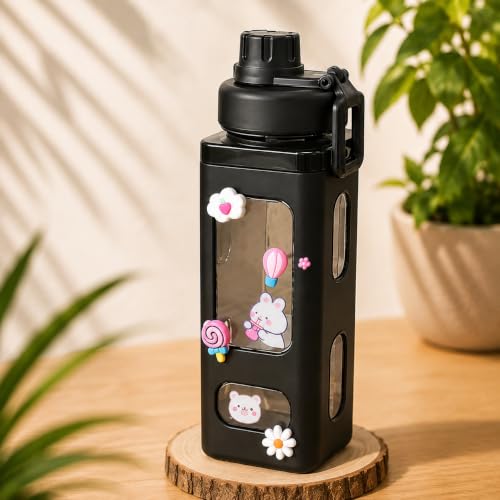 Image of Kawaii Water Bottle with Straw and Sticker, Kawaii Bear Water Bottle, Large Sport Plastic Portable Square Drinking Bottle for Girl, Cute Juice Tea Water Cups, 700 ML (BLACK)