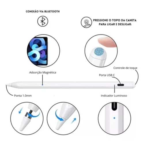 Caneta Pen Touch Digital Universal Para Tablet e Celular Smartphone Ponta Fina e Removível com 2 Res